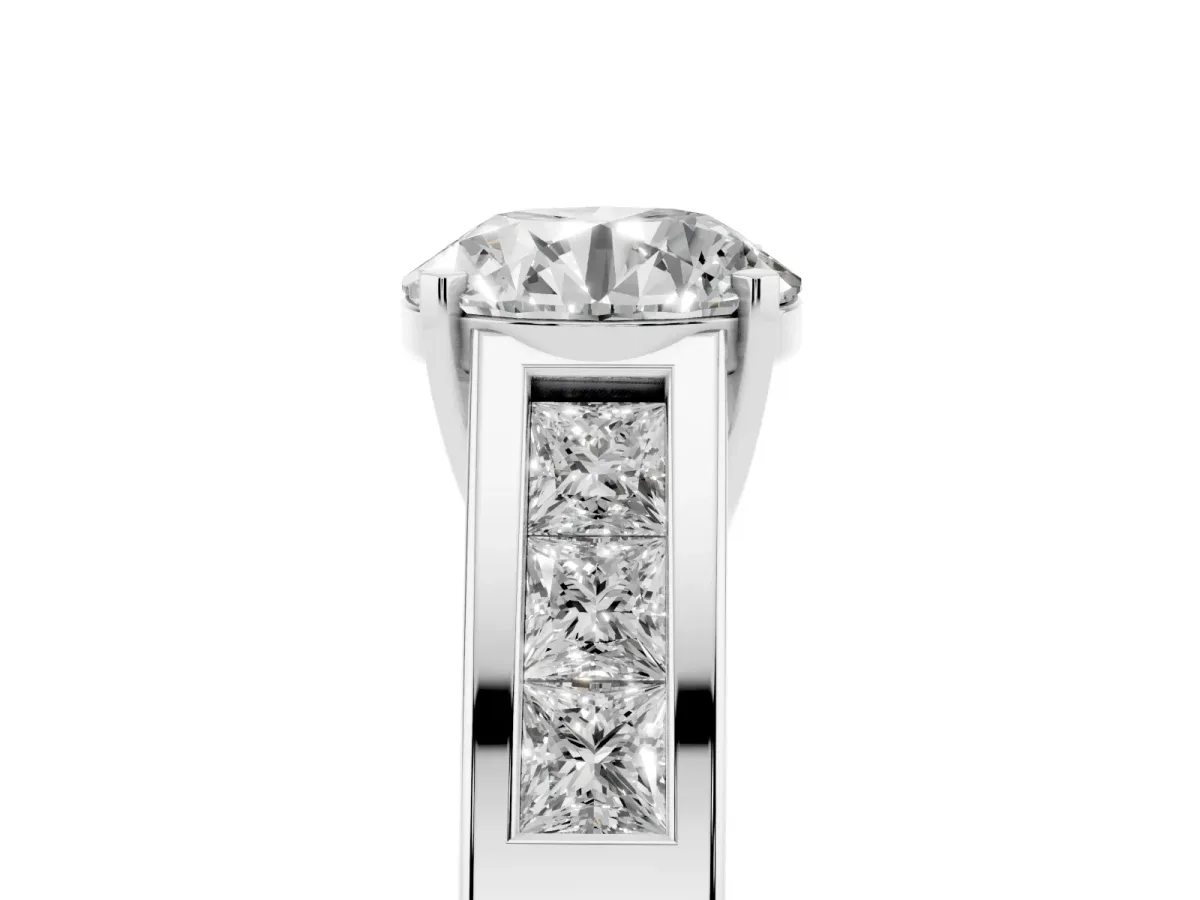 Round Cut Cut Channel Set Solitaire Ring with Four-Prong Setting Silver