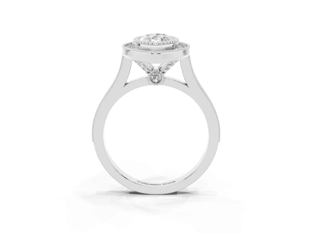 Marquise Cut Diamond Halo Ring with Milgrain Frame and Pavé Band Silver