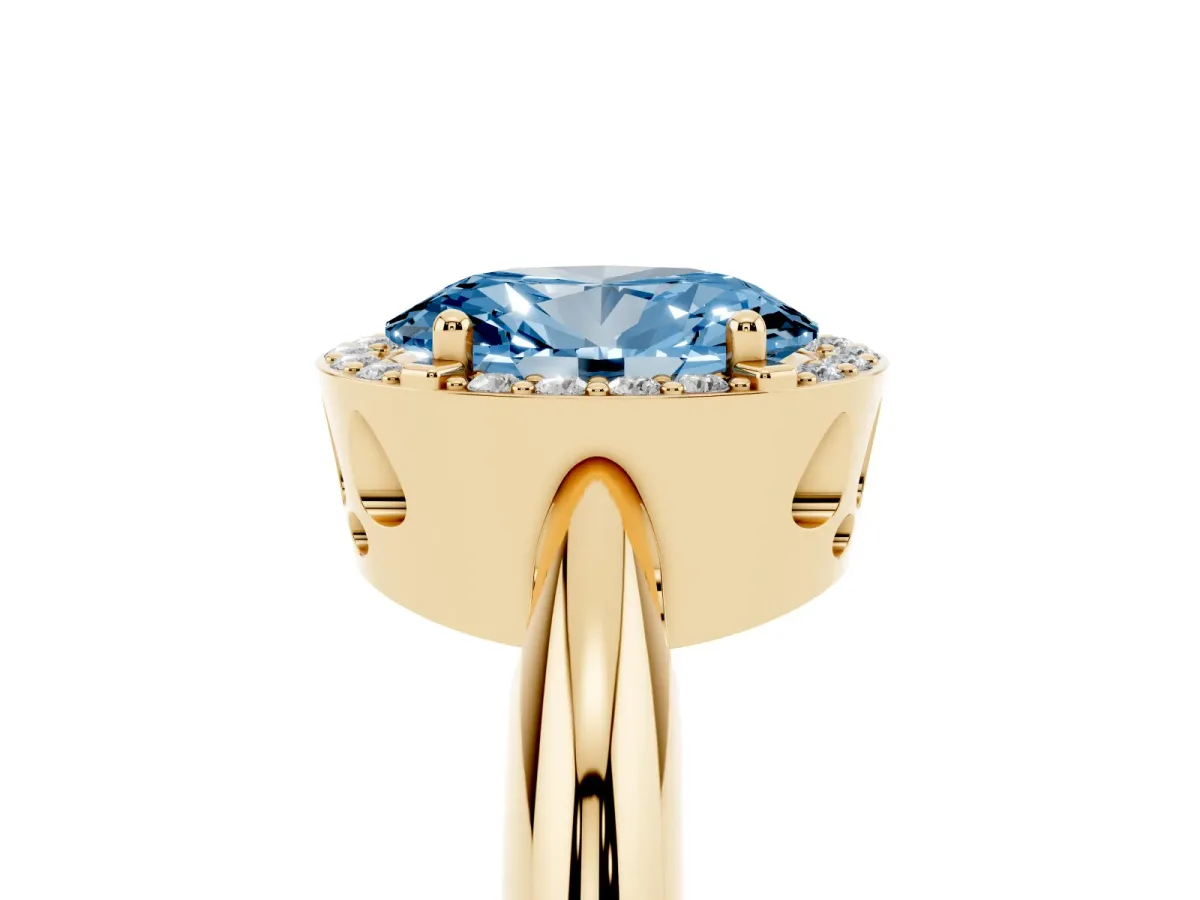 Fancy Blue Oval Cut Cut Diamond Halo Engagement Ring with Split Shank and Four-Prong Setting Yellow gold