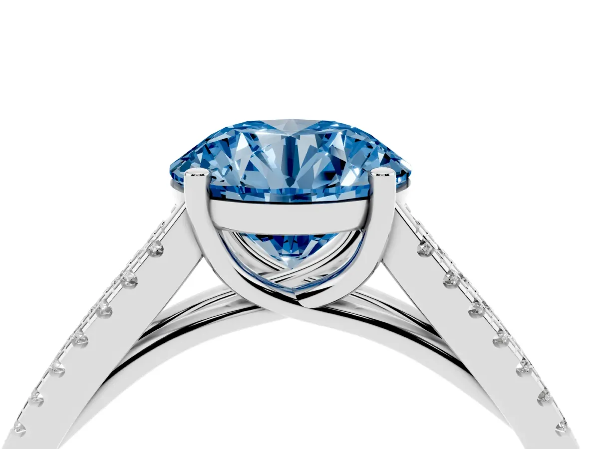 Fancy Blue Round Cut Diamond Solitaire Engagement Ring with Split Shank Pavé Band Platinum
