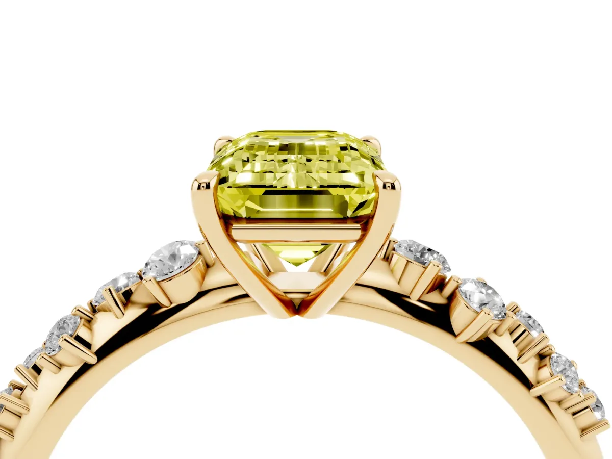 Fancy Yellow Emerald Cut Diamond Cluster Side Stone Solitaire Ring with Prong Setting Yellow gold