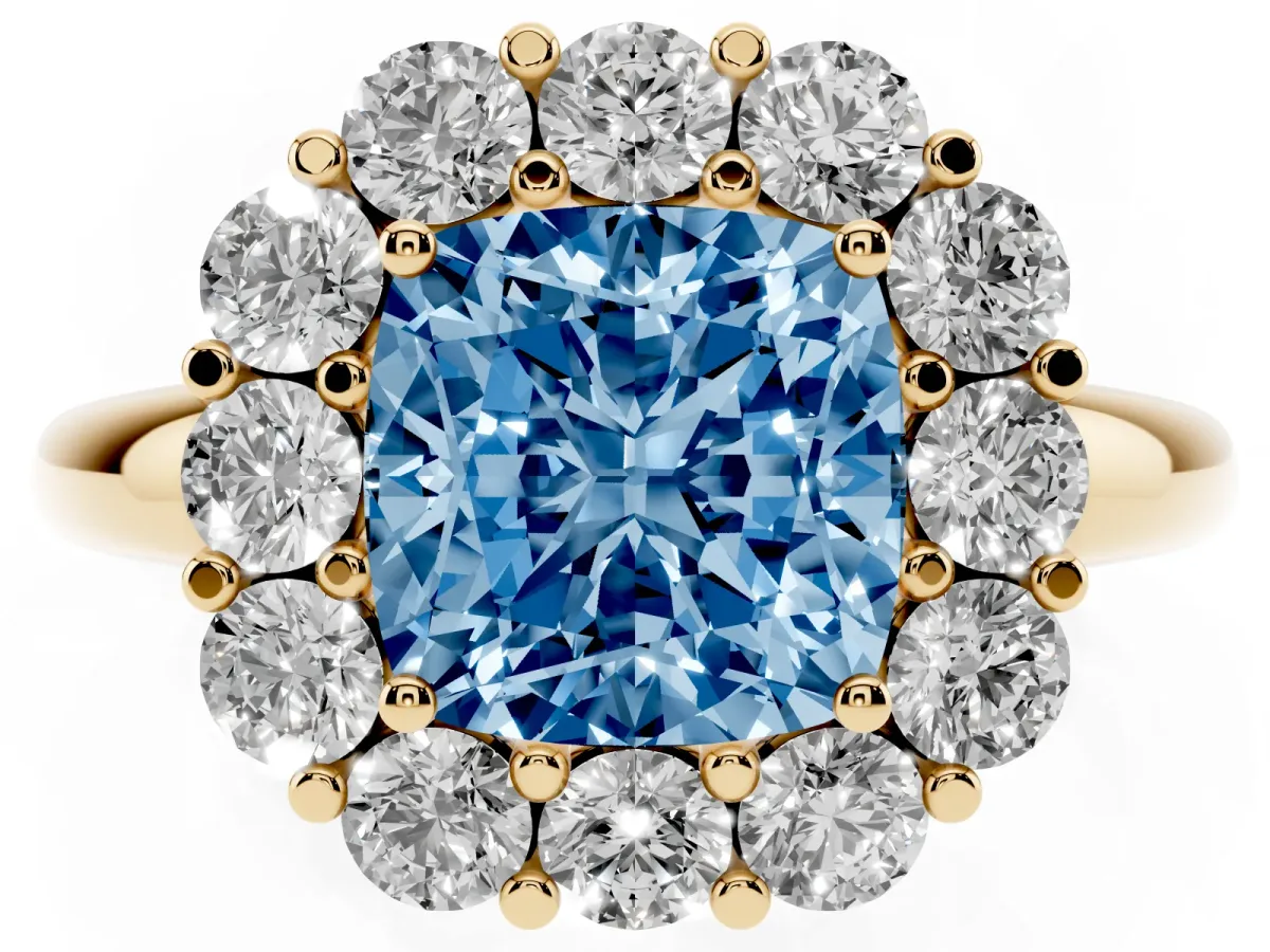 Fancy Blue Cushion Cut Halo Cluster Diamond Engagement Ring with Prong Setting and Polished Band Yellow gold