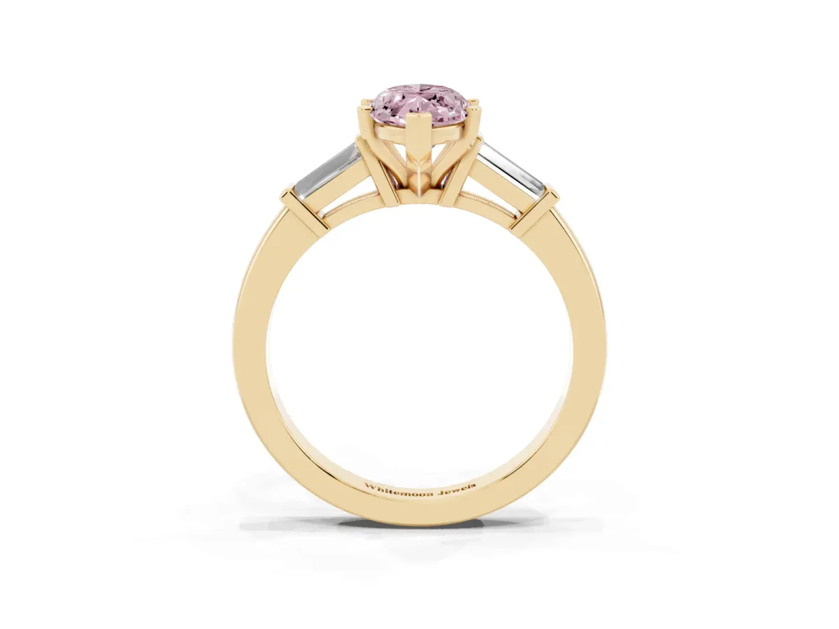 Fancy Pink Marquise Cut Cut Diamond Solitaire Ring with Tapered Baguette Accents and Four-Prong Setting Yellow gold