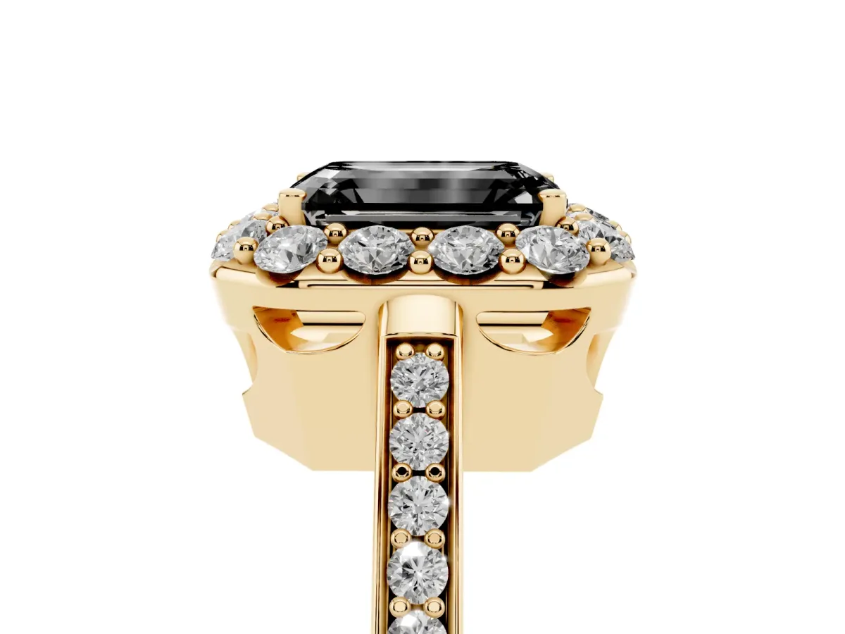 Fancy Black Emerald Cut Diamond Floral Halo Ring with Pavé Band and Prong Setting Yellow gold