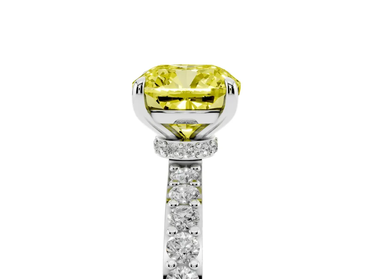Fancy Yellow Cushion Cut Diamond Solitaire Engagement Ring with Pavé Band and Four-Prong Setting White gold
