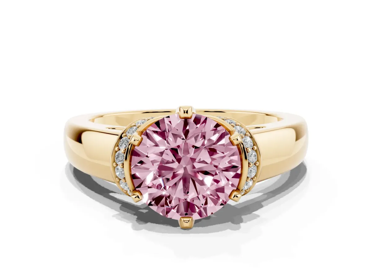 Fancy Pink Round Cut Solitaire Diamond Ring with Pave Band and Six-Prong Setting Yellow gold