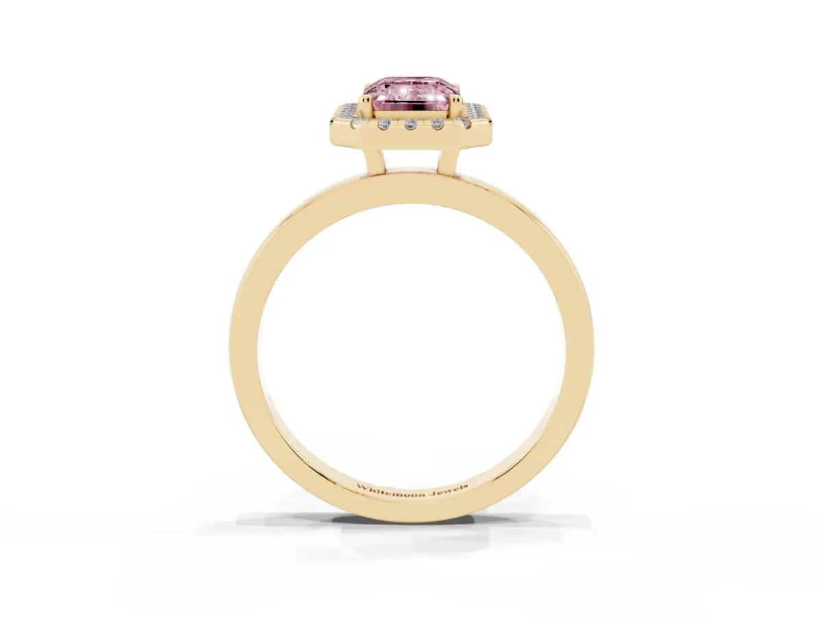 Fancy Pink Emerald Cut Halo Diamond Solitaire with Pavé Band and Four-Prong Setting Yellow gold