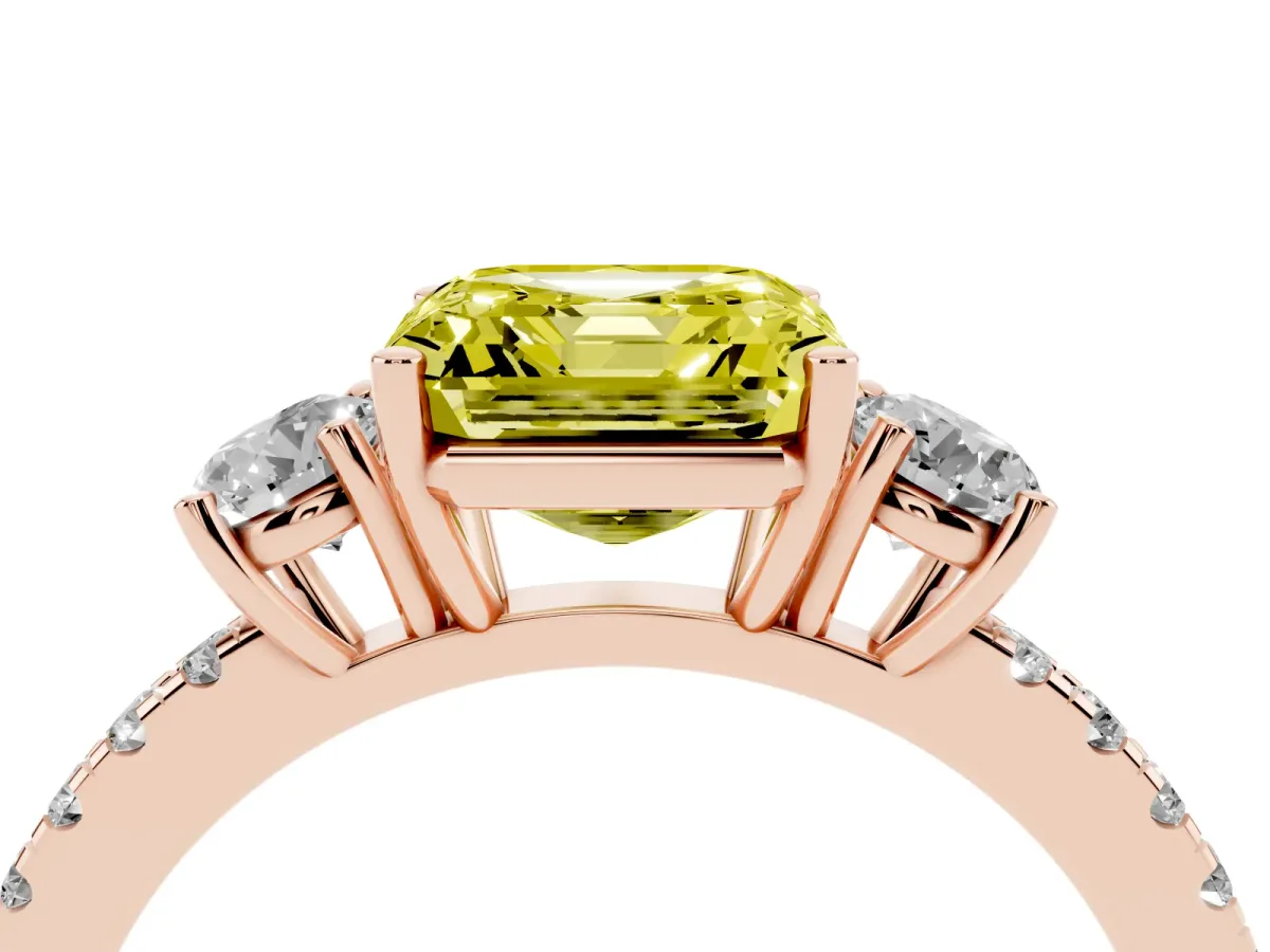 Fancy Yellow Three-Stone Asscher Cut Cut Diamond Pavé Band with Prong Setting Rose gold