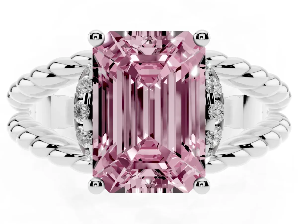 Fancy Pink Emerald Cut Halo Twisted Band Four-Prong Ring Silver