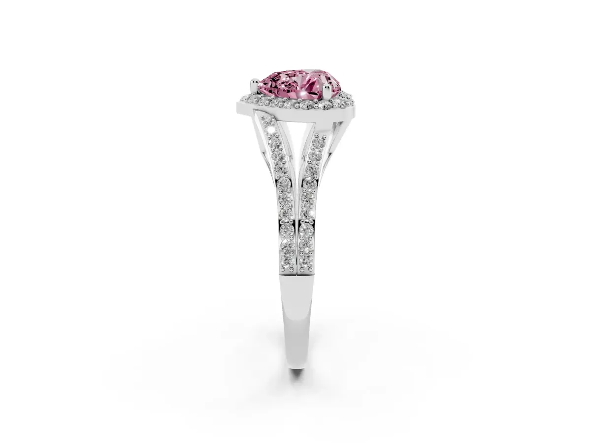 Fancy Pink Heart Cut Halo Split Shank Diamond Ring with Prong Setting Silver