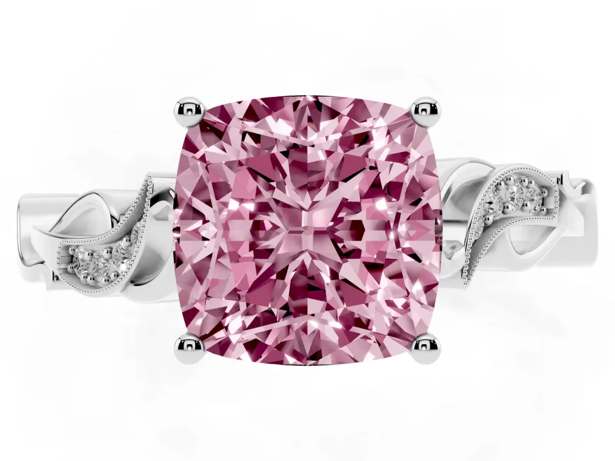 Fancy Pink Cushion Cut Solitaire Vine Band with Milgrain Prong Setting Silver