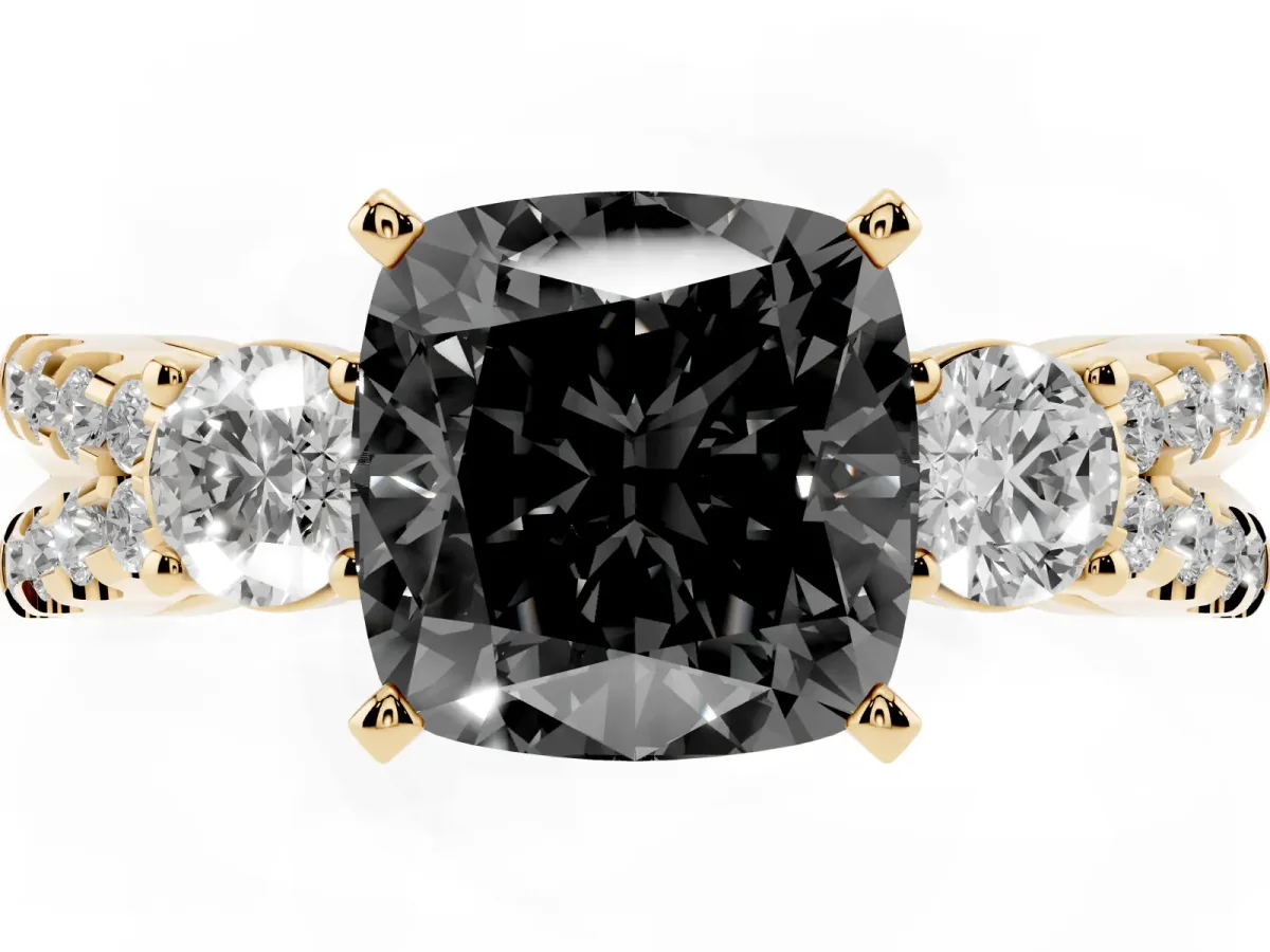 Fancy Black Cushion Cut Diamond Three-Stone Ring with Pavé Split Shank and Four-Prong Setting Yellow gold