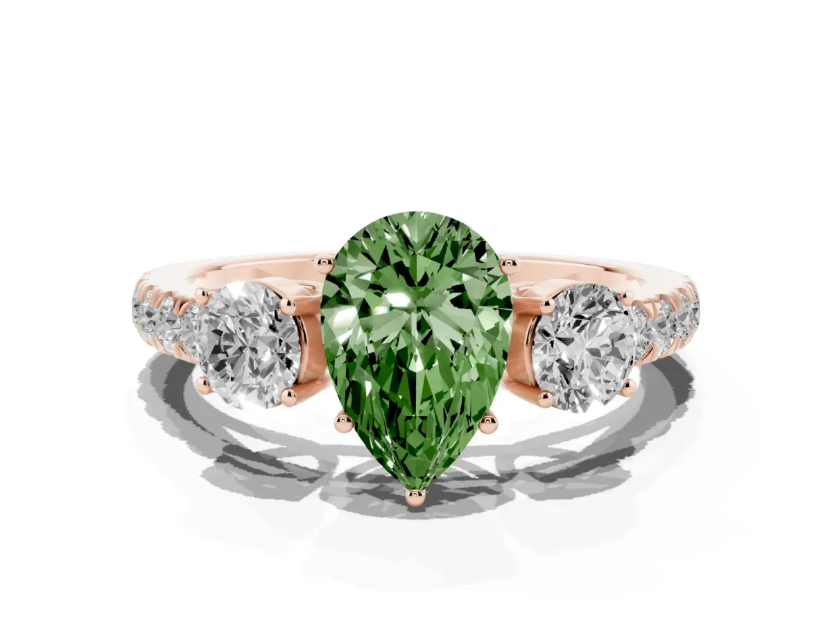 Fancy Green Pear Cut Cut Diamond Three-Stone Ring with Round Side Stones and Pavé Band Rose gold