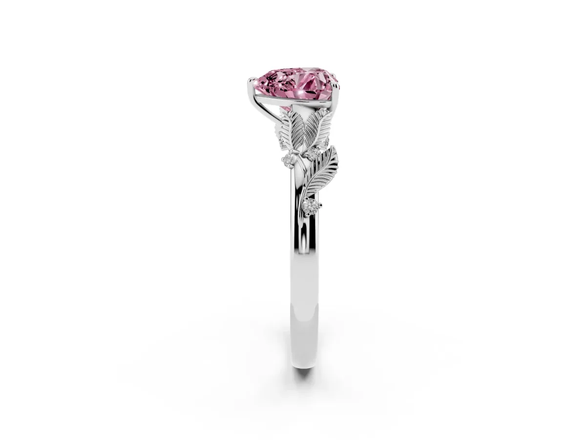 Fancy Pink Heart Cut Diamond Solitaire Ring with Leaf Motif Band and Four-Prong Setting Silver