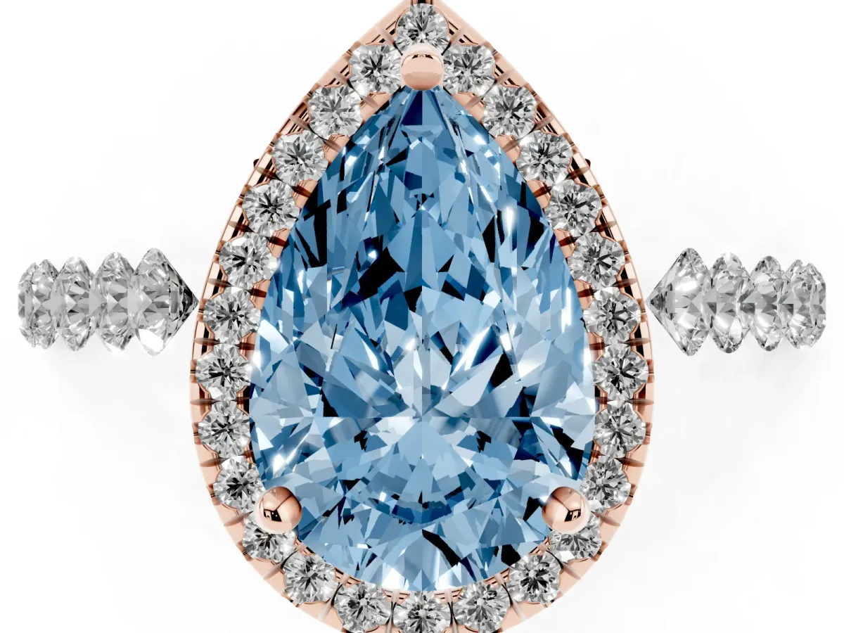 Fancy Blue Pear Cut Halo Pavé Diamond Engagement Ring with Four-Prong Setting Rose gold