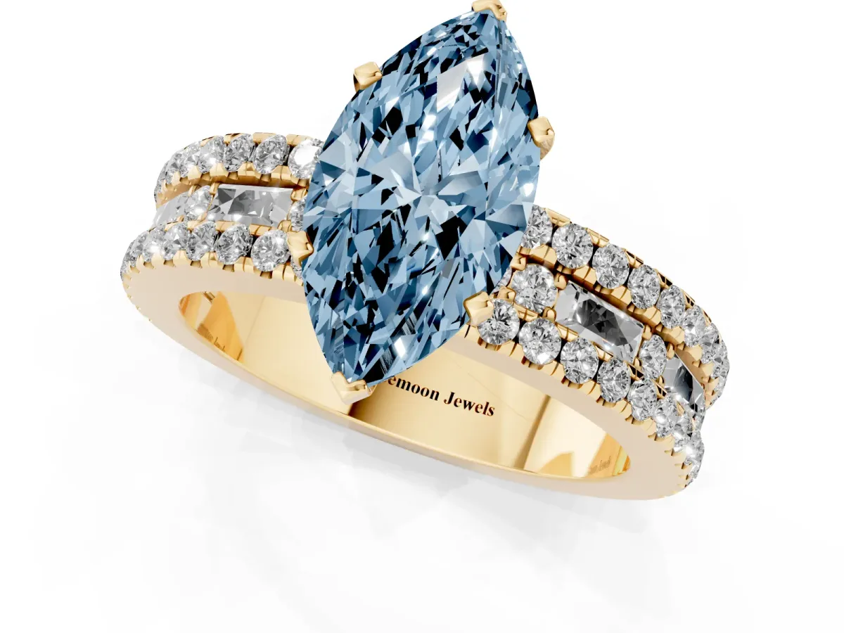 Fancy Blue Marquise Cut Diamond Solitaire Ring with Pavé and Channel Set Band Yellow gold