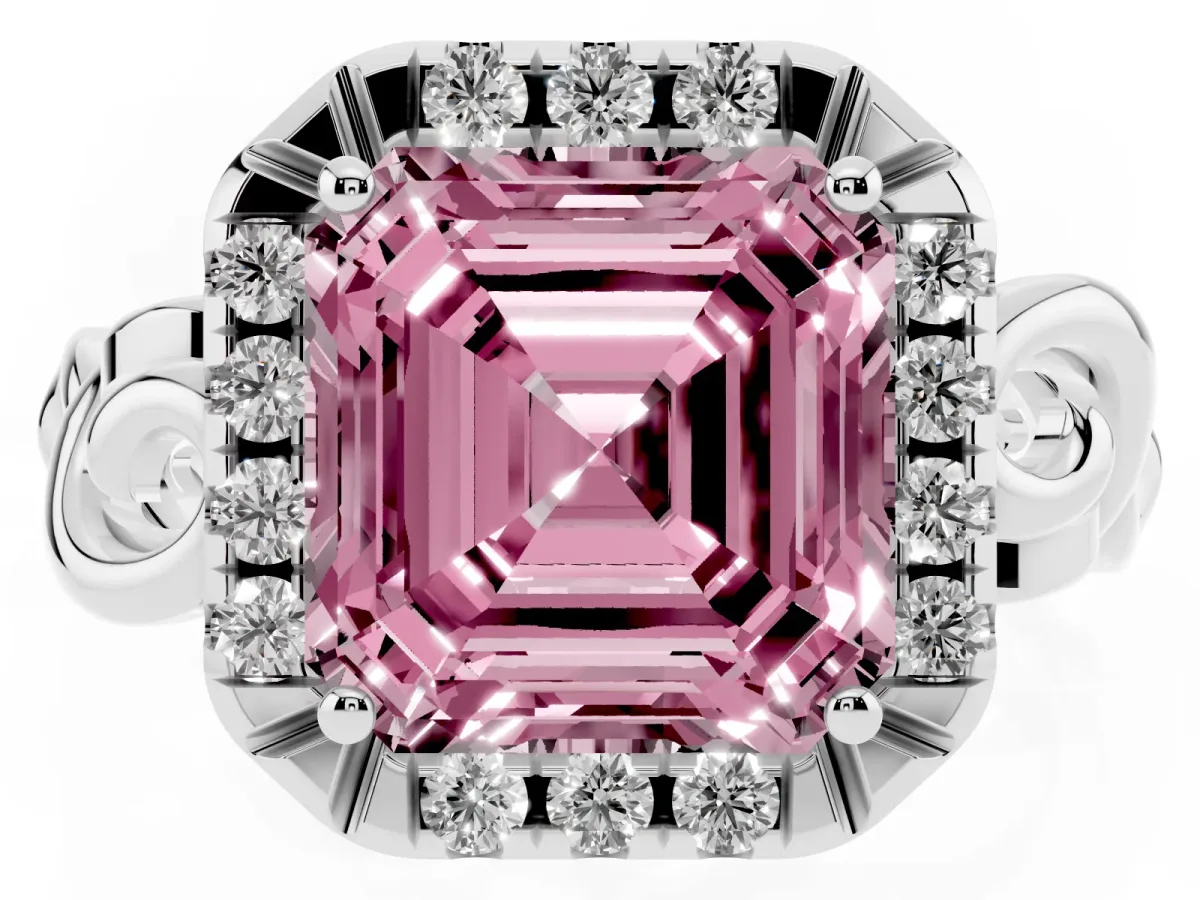 Fancy Pink Asscher Cut Cut Halo Diamond Ring with Scrollwork Band and Four-Prong Setting Silver