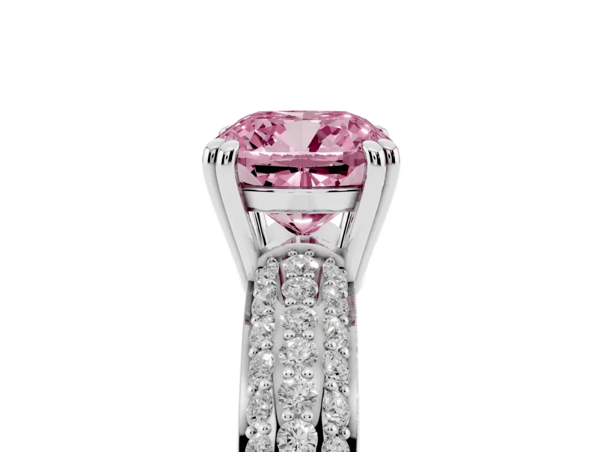 Fancy Pink Cushion Cut Diamond Solitaire Ring with Multi-Row Round Pavé Band and Prong Setting Silver