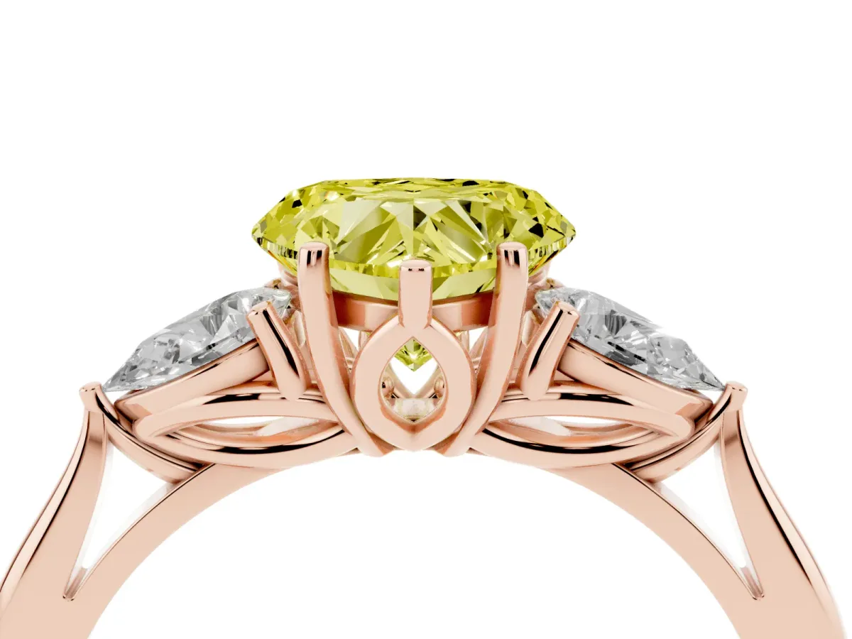 Fancy Yellow Three-Stone Heart Cut Brilliant Diamond Solitaire Ring with Tapered Band and Four-Prong Setting Rose gold