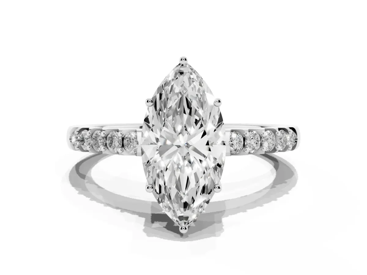 Marquise Cut Solitaire Diamond Engagement Ring with Pavé Band and Six-Prong Setting White gold