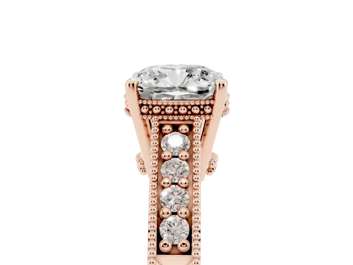 Cushion Cut Solitaire Pavé Diamond Milgrain Engagement Ring with Four-Prong Setting Rose gold
