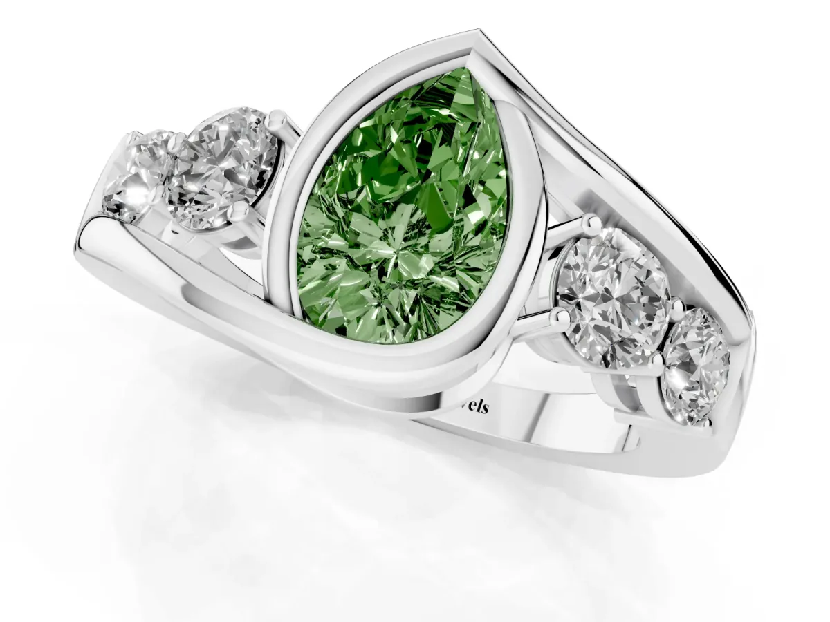 Fancy Green Bezel Set Pear Cut Diamond Bypass Ring with Round Accents Platinum