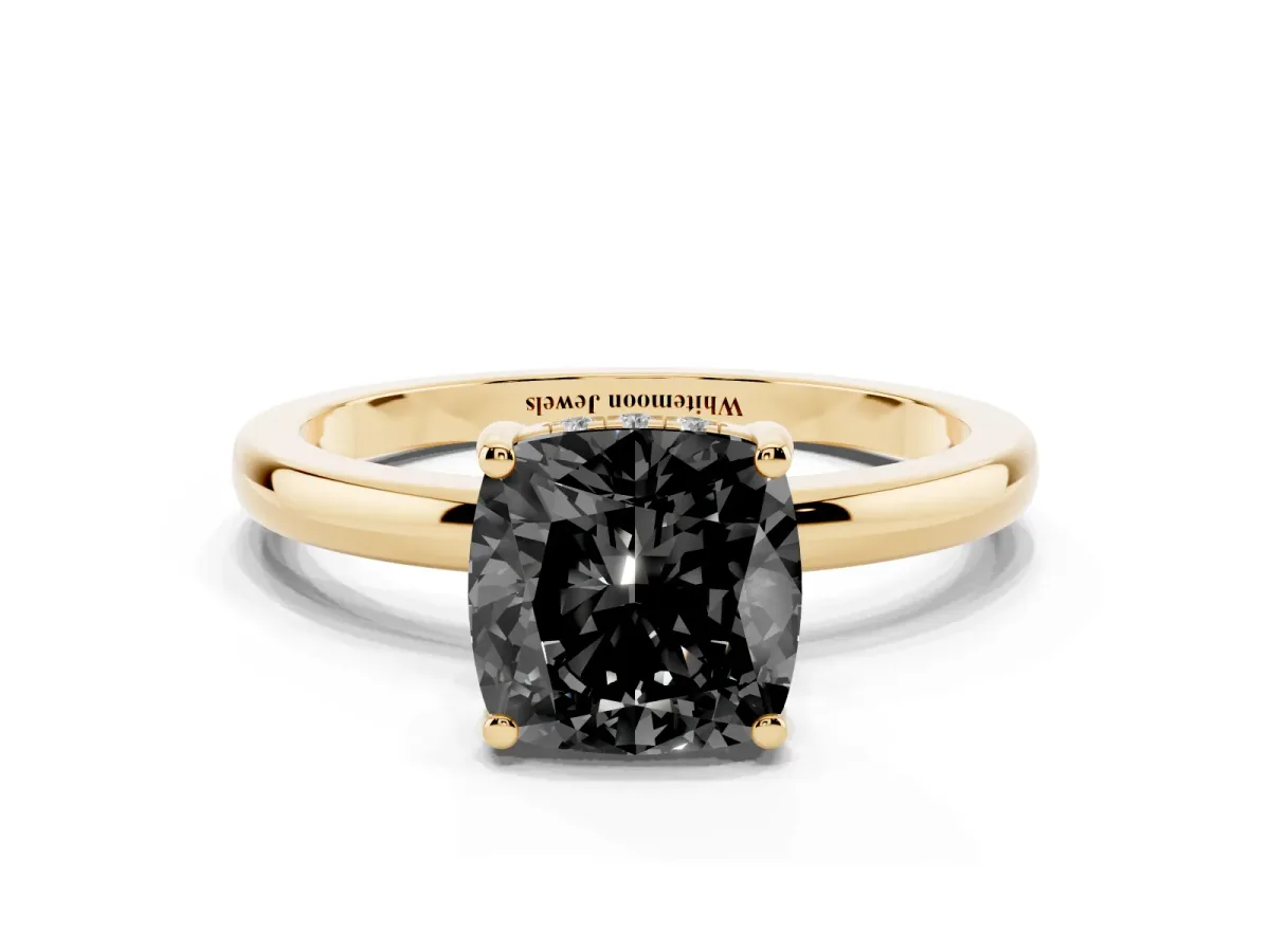 Fancy Black Cushion Cut Solitaire Diamond Ring with Prong Setting and Plain Band Yellow gold