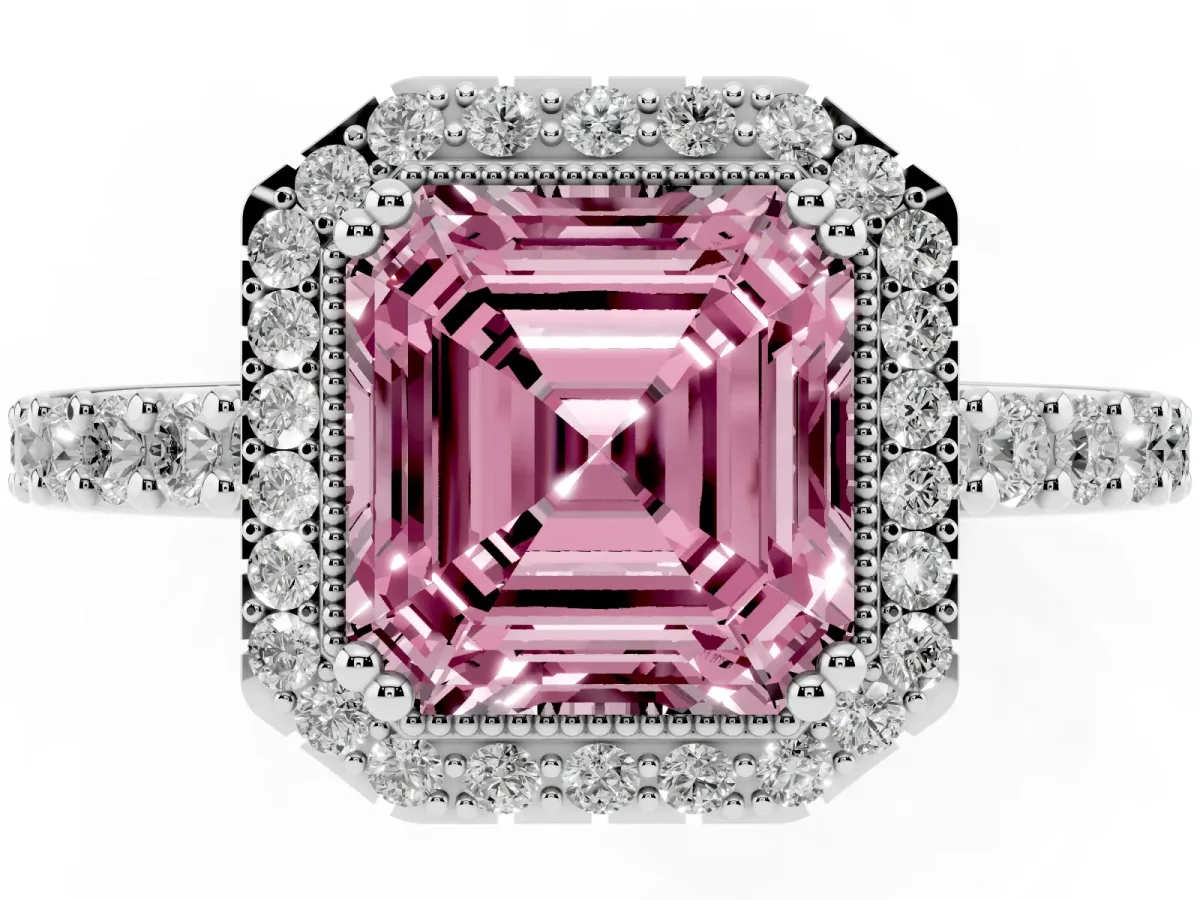Fancy Pink Asscher Cut Cut Diamond Halo Engagement Ring with Milgrain Detail and Pavé Band White gold