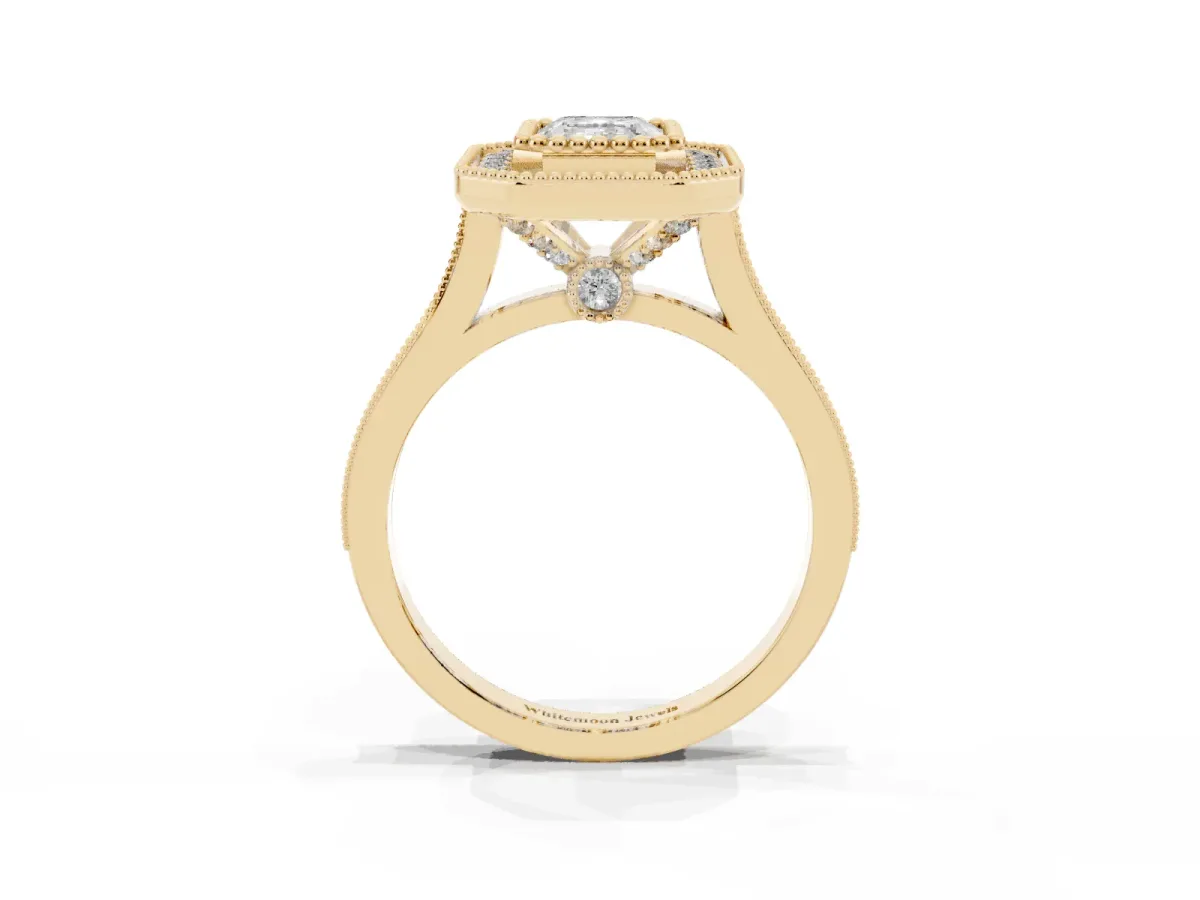 Emerald Cut Diamond Halo Ring with Milgrain Frame and Pavé Band Yellow gold