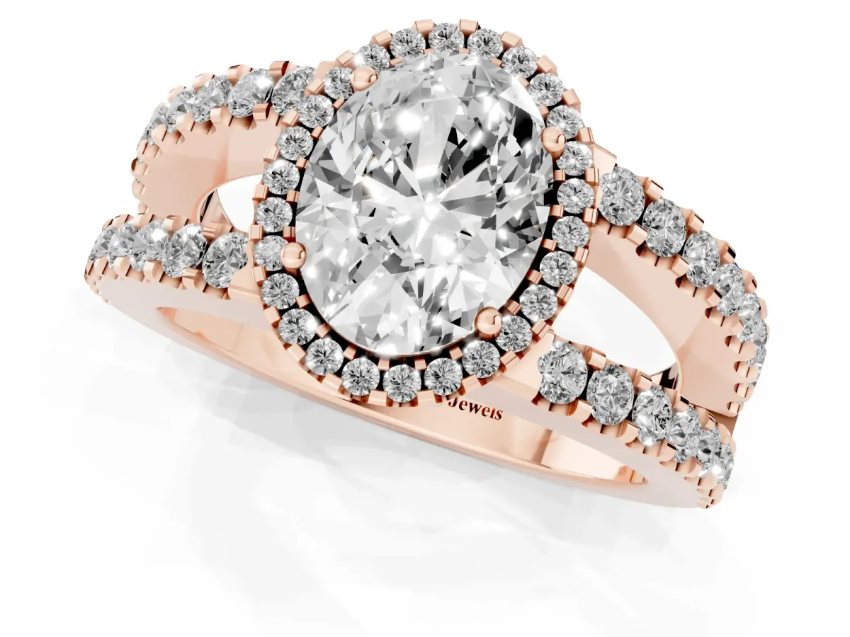 Oval Cut Cut Halo Split Shank Diamond Ring with Four-Prong Setting Rose gold