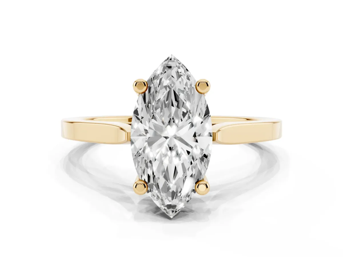 Marquise Cut Solitaire Diamond Ring with Four-Prong Setting and Tapered Band Yellow gold