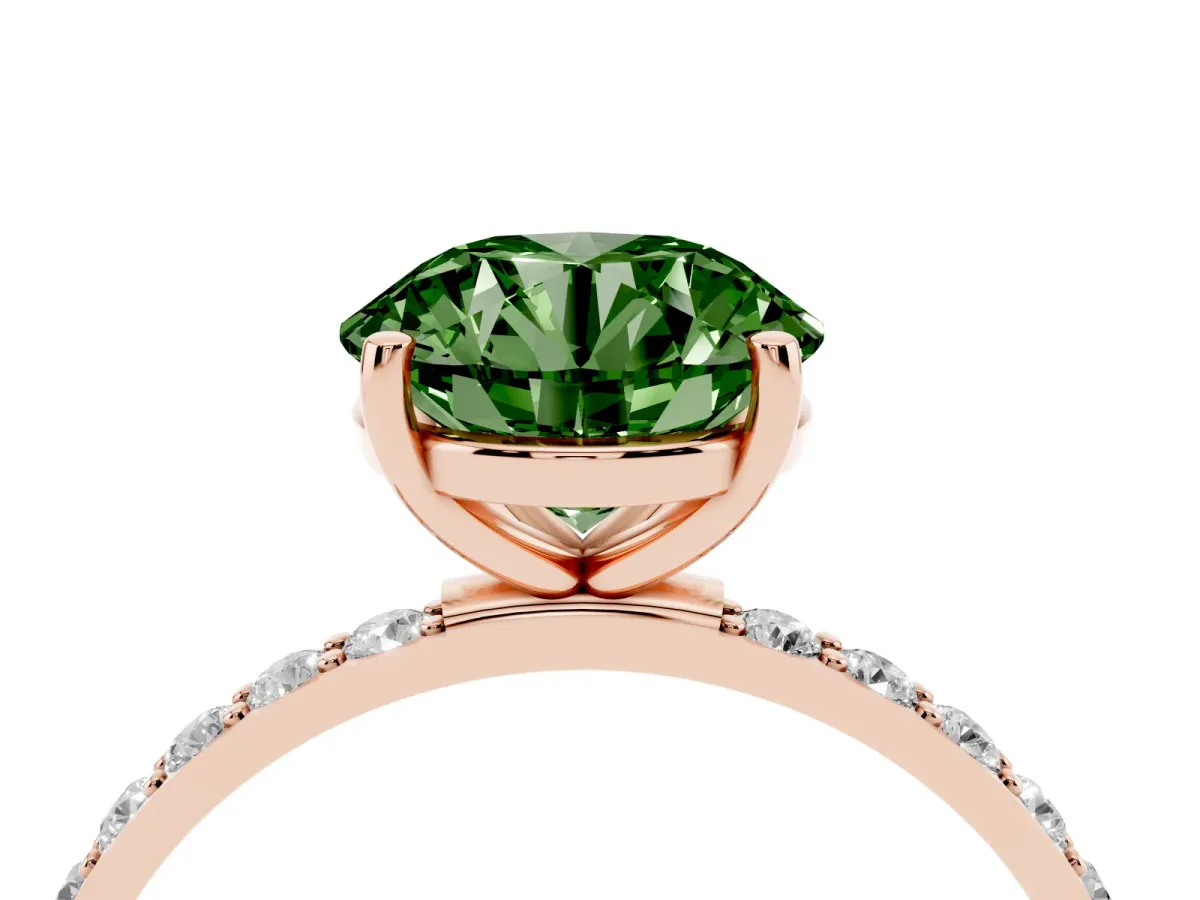 Fancy Green Round Cut Diamond Solitaire Ring with Round Pavé Shoulders and Prong Setting Rose gold