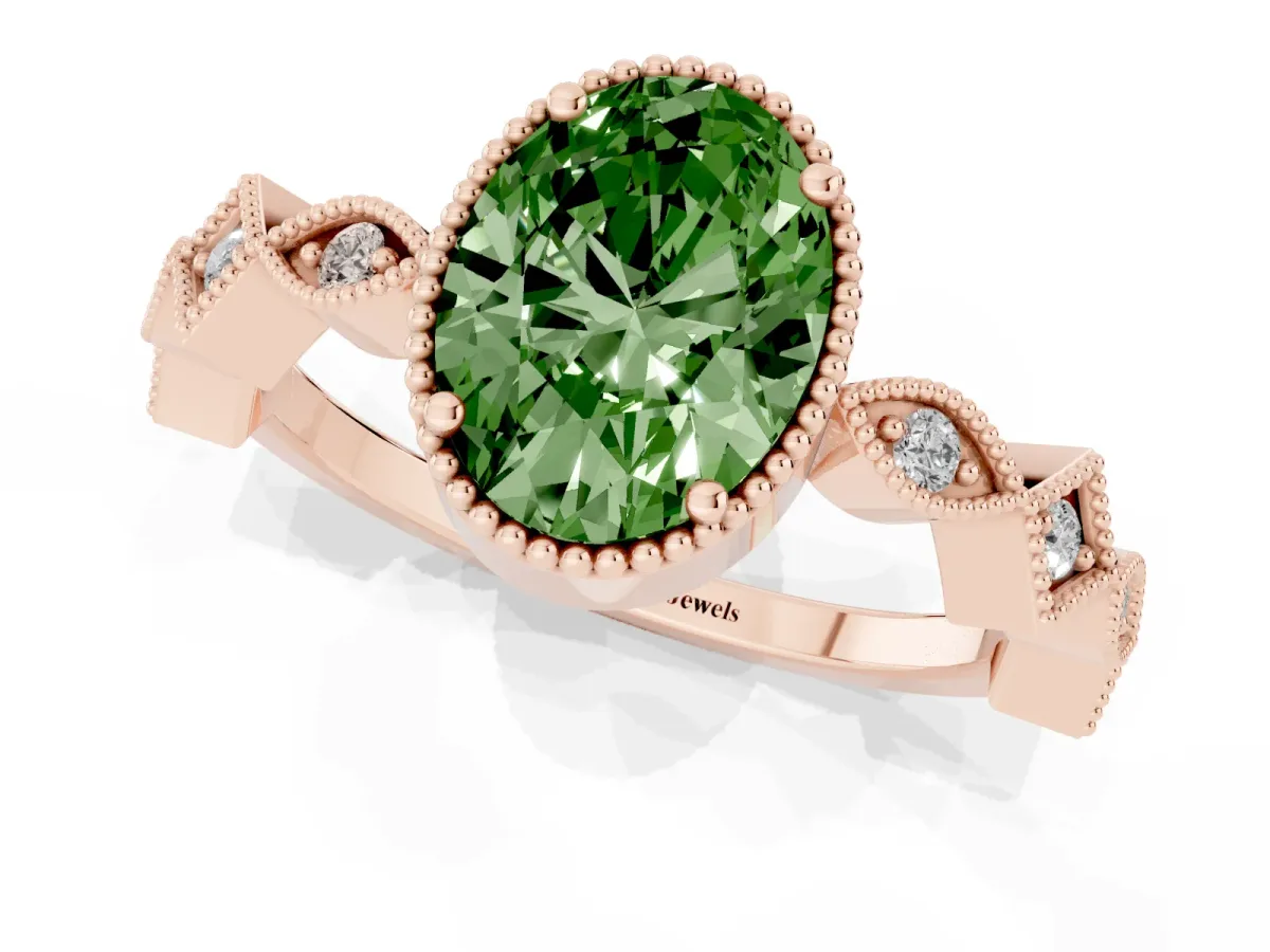 Fancy Green Oval Cut Milgrain Marquise Diamond Twist Band Ring Rose gold