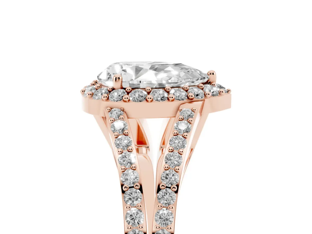 Pear Cut Halo Split Shank Pave Diamond Ring with Four-Prong Setting Rose gold