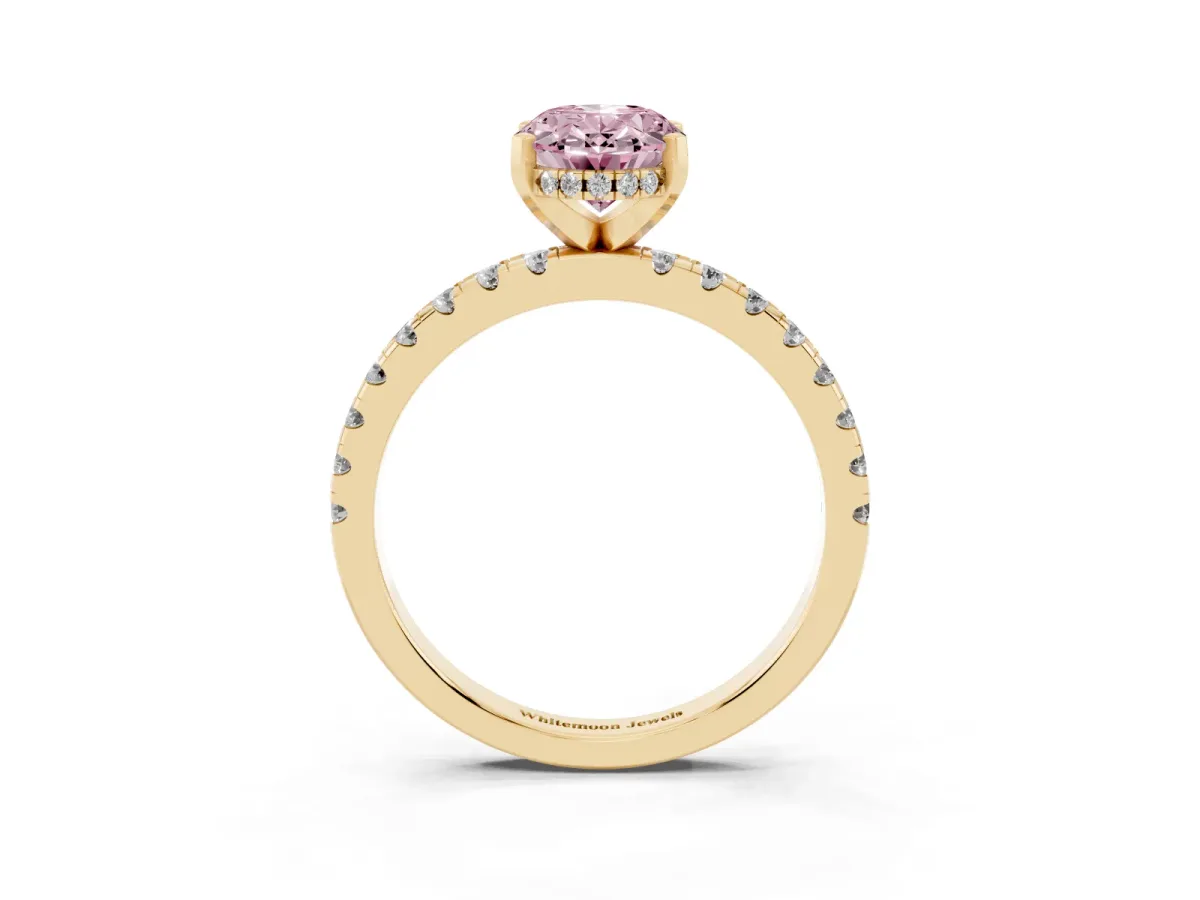 Fancy Pink Oval Cut Diamond Solitaire Ring with Round Pavé Band and Four-Prong Setting Yellow gold