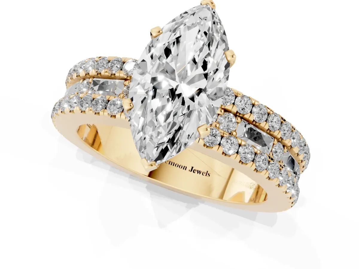 Marquise Cut Diamond Solitaire Ring with Pavé and Channel Set Band Yellow gold