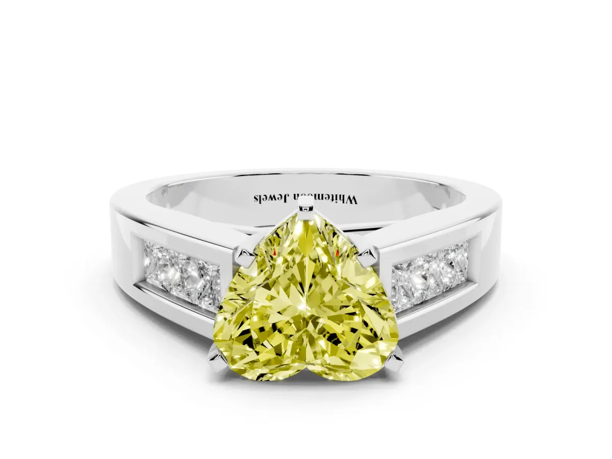 Fancy Yellow Heart Cut Cut Channel Set Solitaire Ring with Four-Prong Setting Platinum