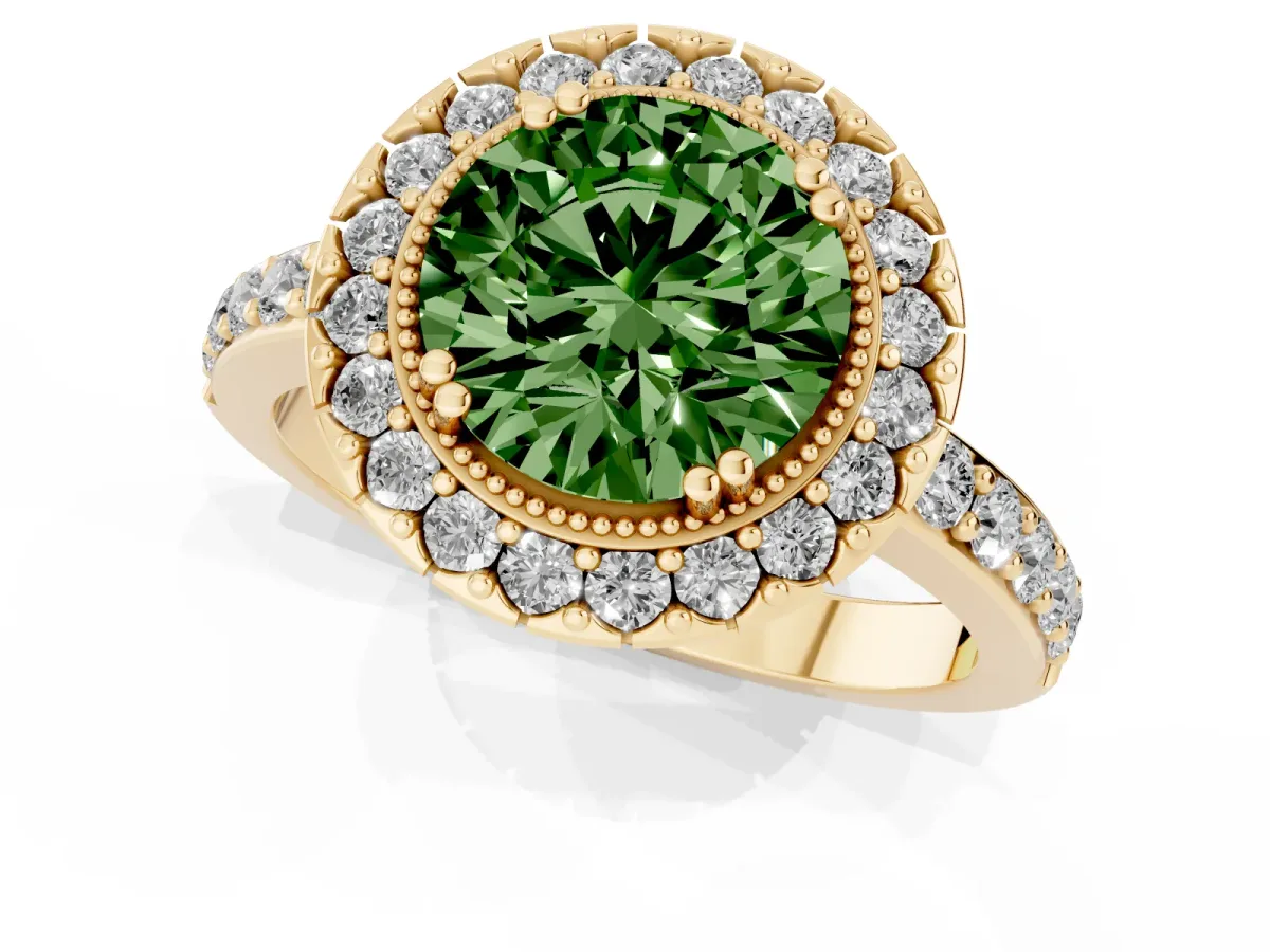 Fancy Green Round Cut Diamond Halo Ring with Pavé Band and Prong Setting Yellow gold