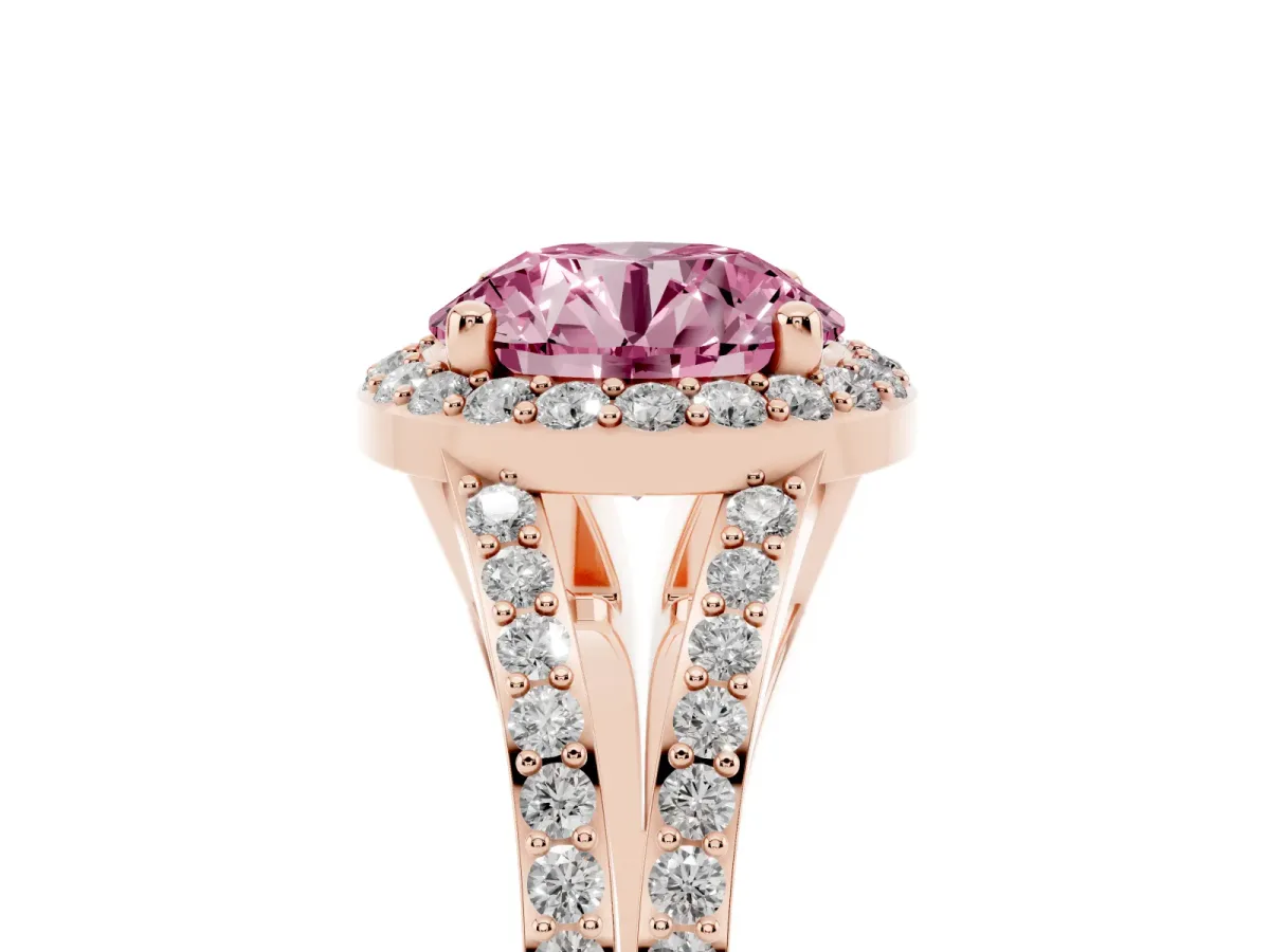 Fancy Pink Round Cut Halo Split Shank Diamond Ring with Prong Setting Rose gold