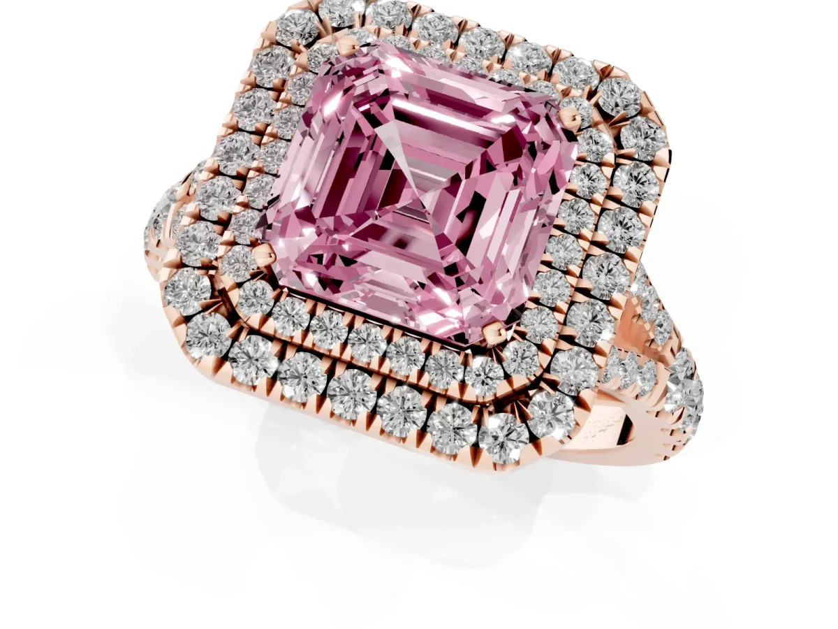 Fancy Pink Asscher Cut Cut Double Halo Split Shank Diamond Ring with Prong Setting Rose gold