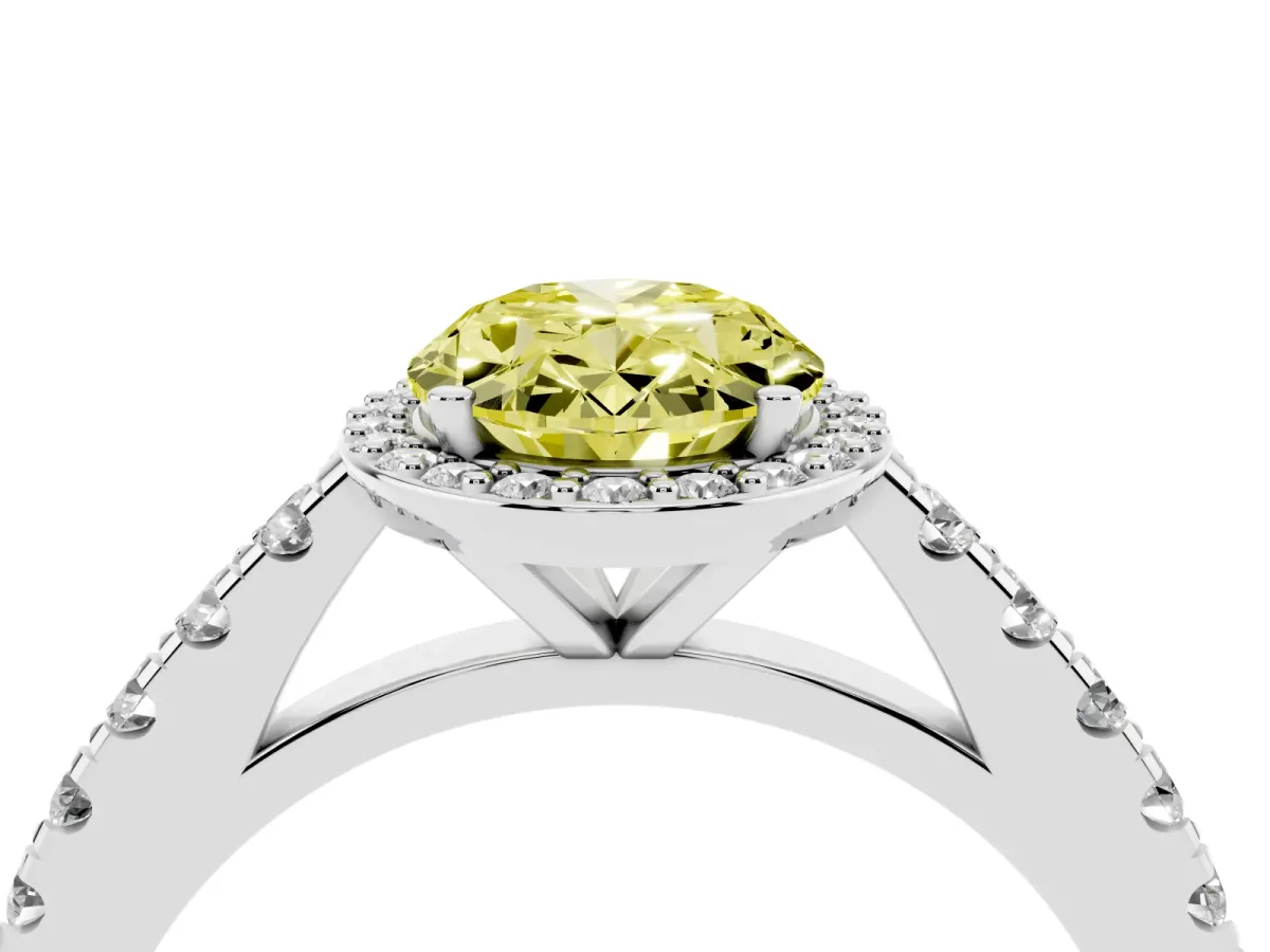Fancy Yellow Oval Cut Cut Halo Diamond Engagement Ring with Pave Band and Four-Prong Setting Silver