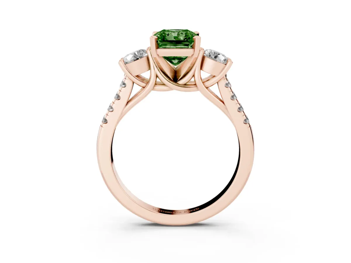 Fancy Green Three-Stone Radiant Cut Diamond Pavé Band with Four-Prong Setting Rose gold