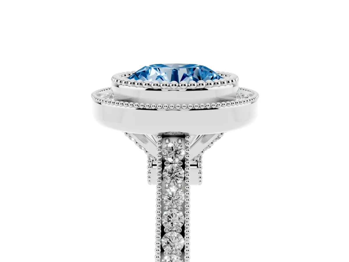 Fancy Blue Round Cut Diamond Halo Ring with Milgrain Frame and Pavé Band White gold