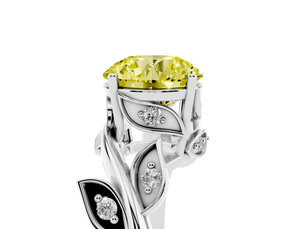 Fancy Yellow Round Cut Solitaire Twist Engagement Ring with Leaf Accents and Prong Setting Silver