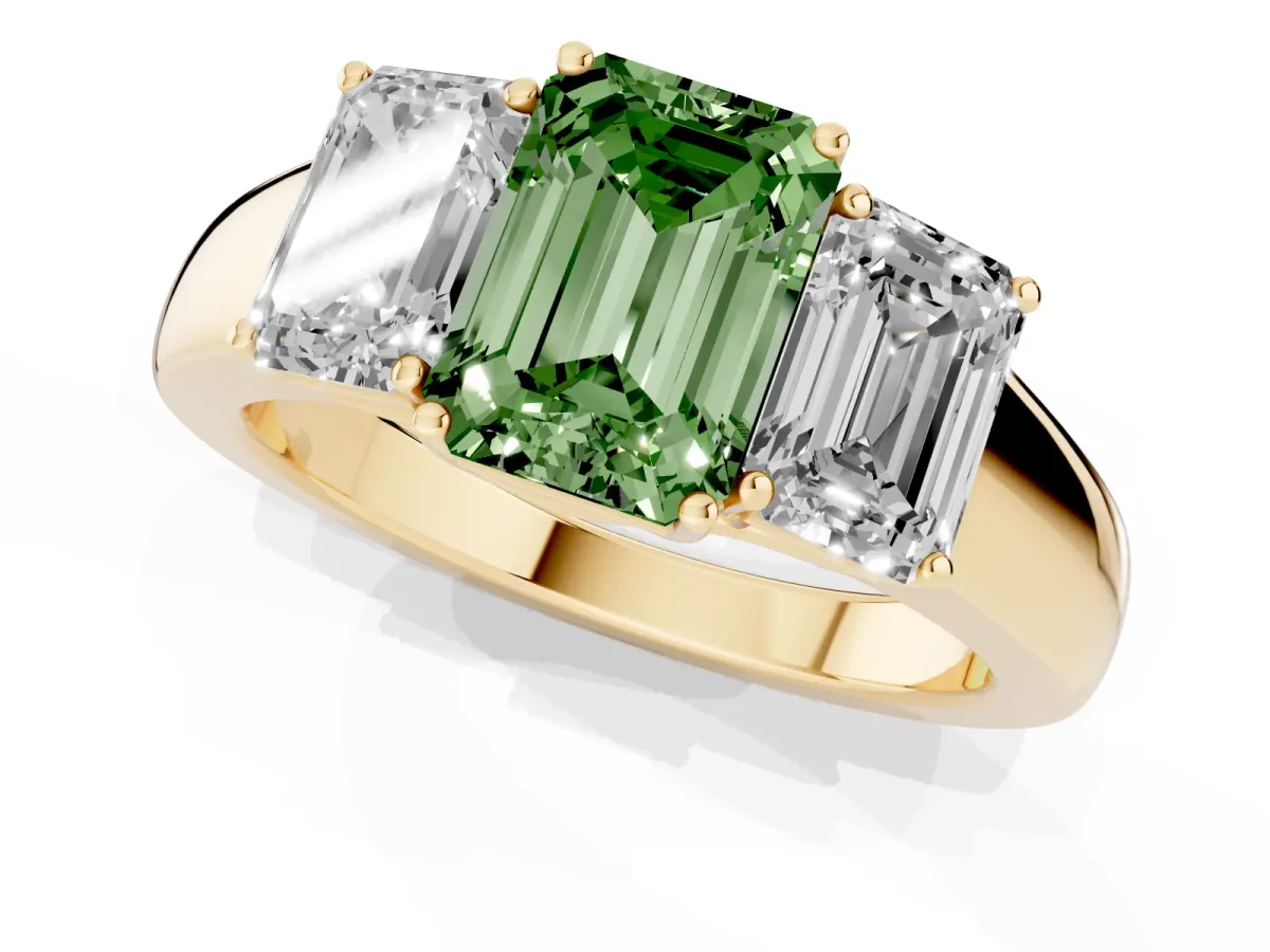 Fancy Green Three-Stone Emerald Cut Cut Diamond Ring with Prong Setting and Classic Band Yellow gold