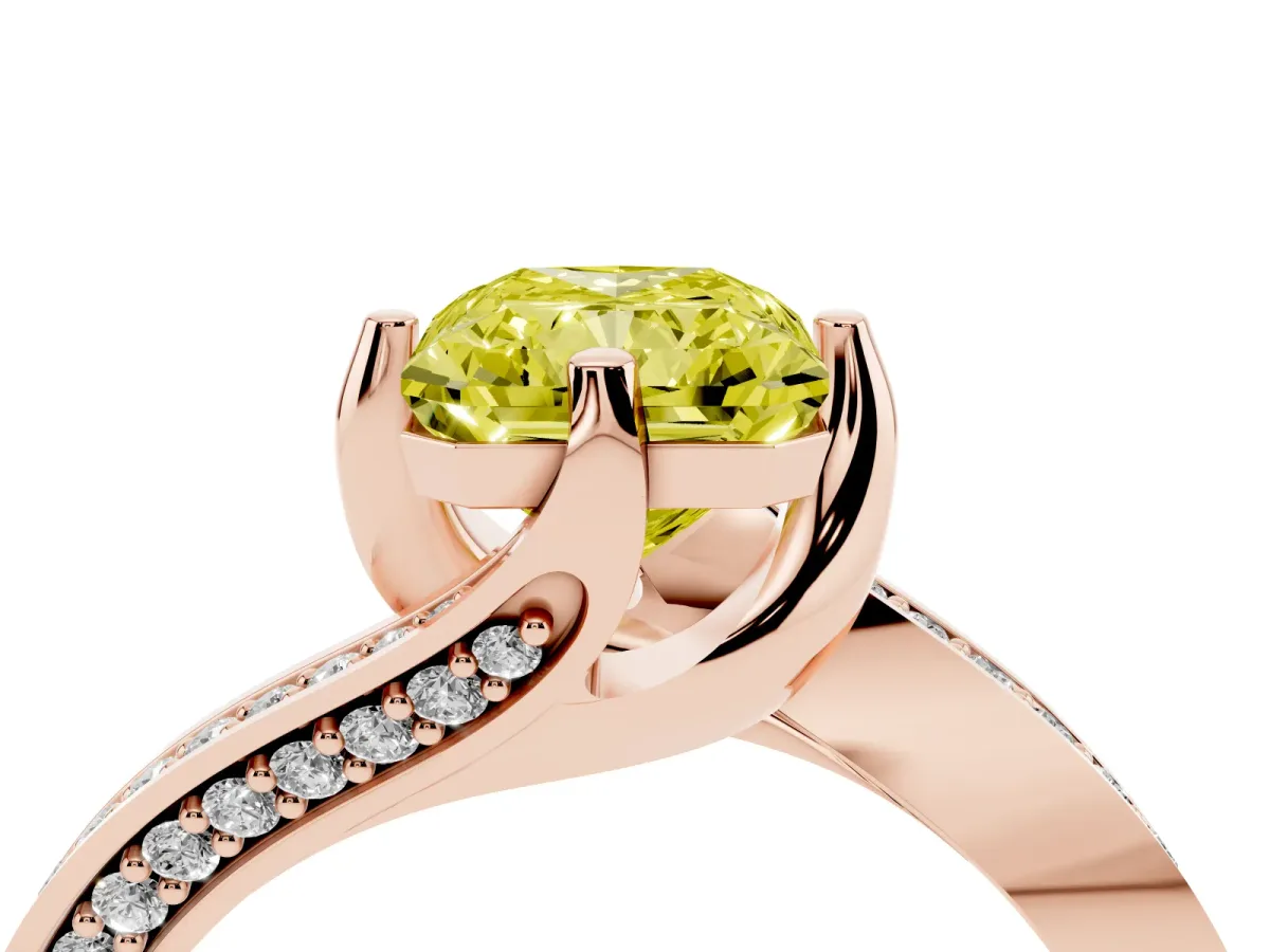 Fancy Yellow Radiant Cut Solitaire Diamond Twist Band with Pavé Setting and Four-Prong Setting Rose gold
