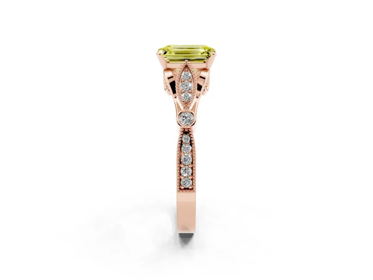 Fancy Yellow Emerald Cut Cut Diamond with Milgrain Marquise and Bezel Accents on a Solitaire Band with Prong Setting Rose gold