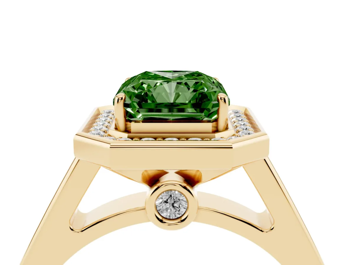 Fancy Green Emerald Cut Halo Solitaire Diamond Ring with Pave Band and Bezel Setting Yellow gold