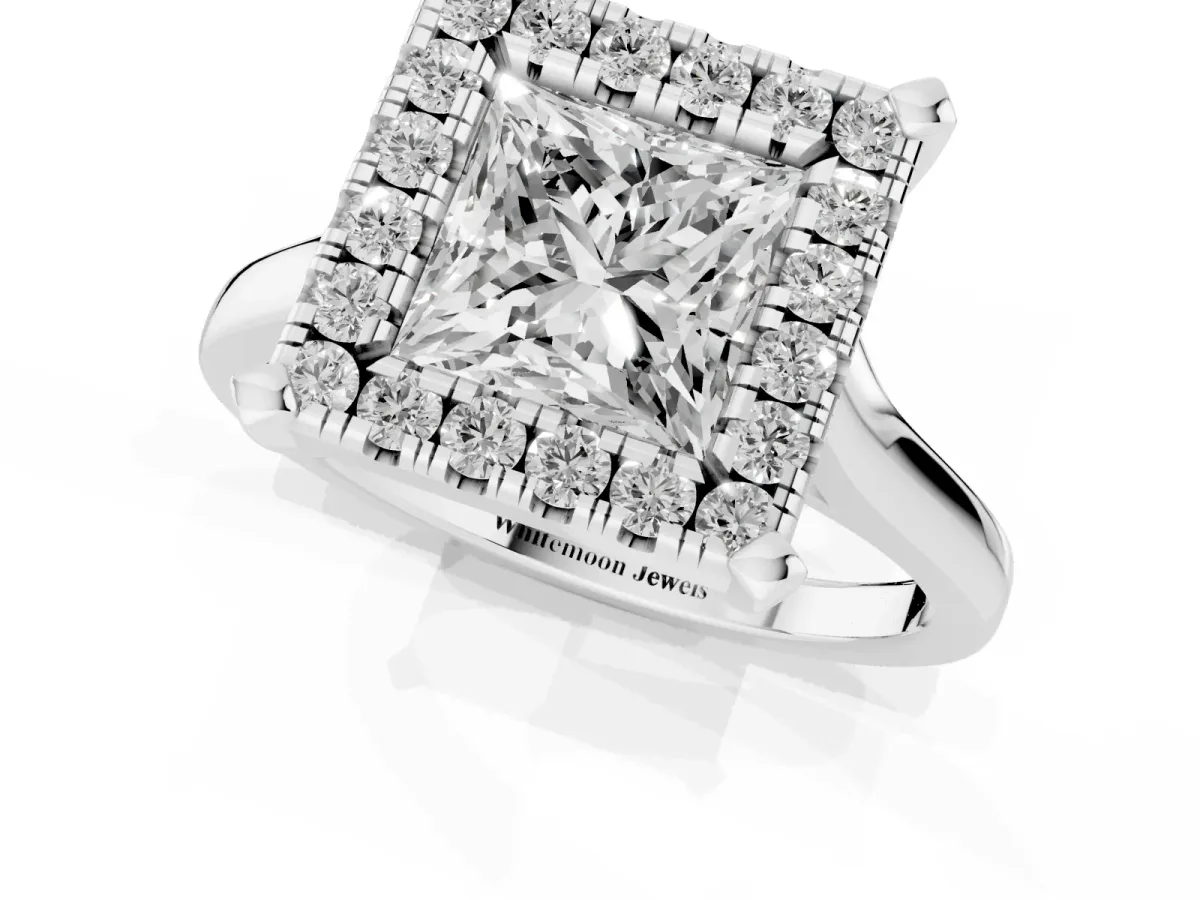 Princess Cut Diamond Cluster Halo Solitaire with Four-Prong Setting Silver