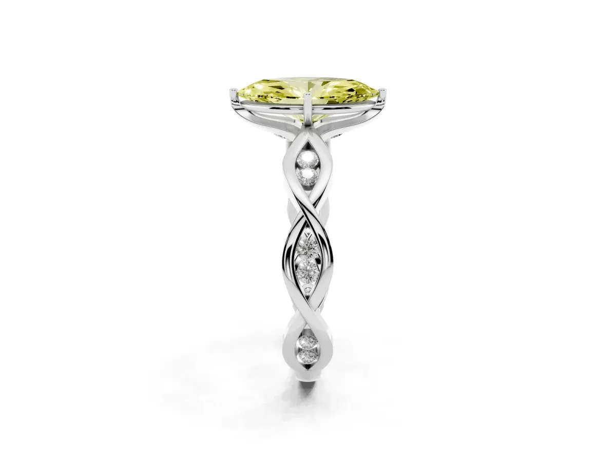 Fancy Yellow Marquise Cut Solitaire Twist Band with Leaf Prong Setting Silver